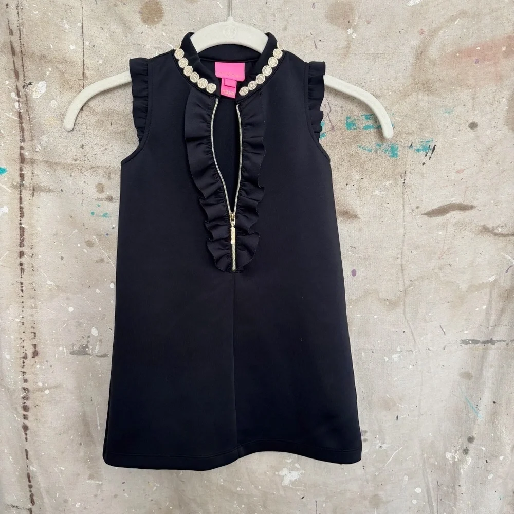 Lilly Pulitzer Black Pearl-Trim Ruffle Shift Dress